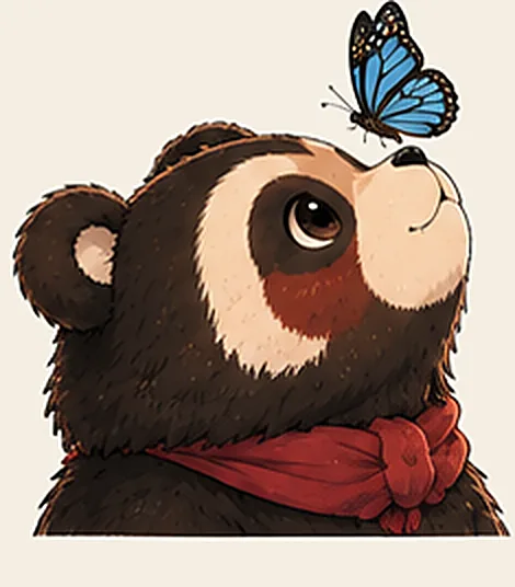 鼻先にとまる蝶を見上げるメガネグマのイラスト