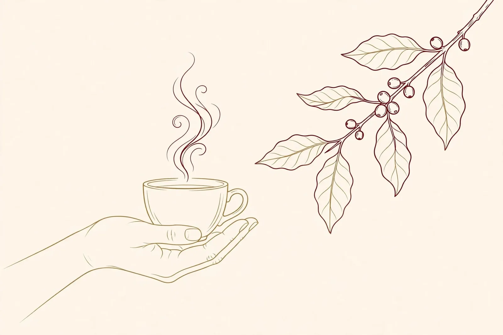 コーヒーカップを差し出す手とコーヒーの枝の線画イラスト