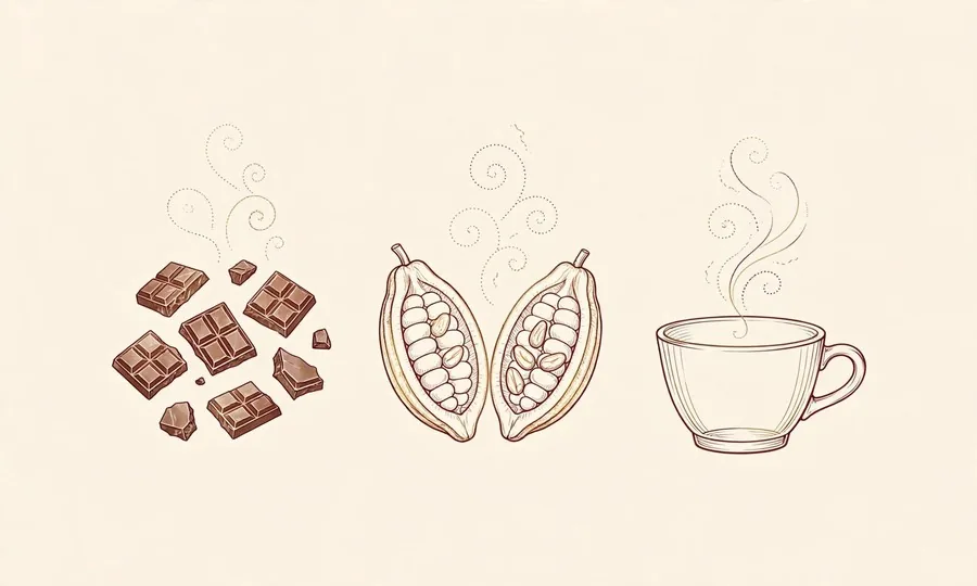 チョコレートとカカオの実、コーヒーカップの線画イラスト