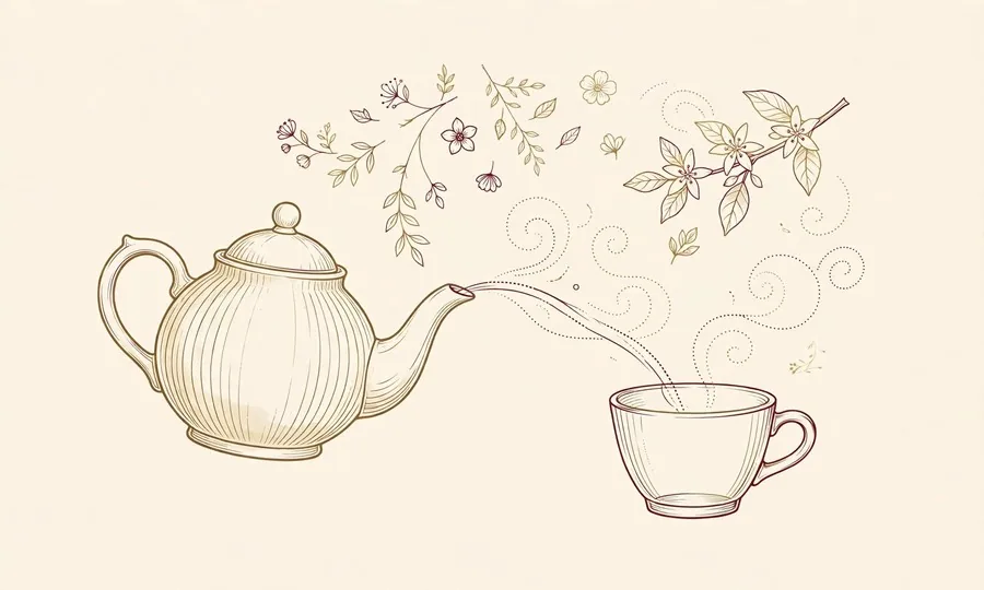 ティーポットからカップへ注ぐお茶と、花や葉の線画イラスト