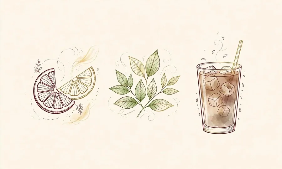 柑橘の輪切りと葉、アイスコーヒーのグラスの線画イラスト