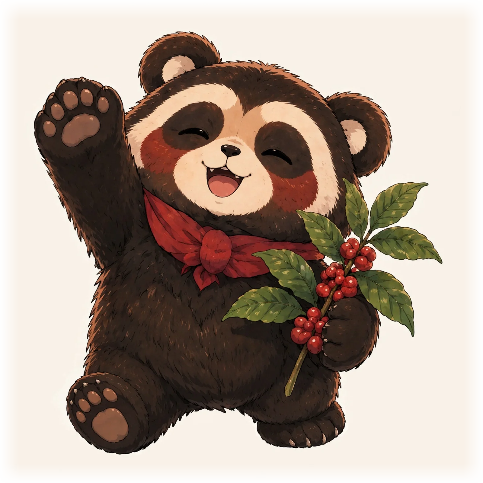 コーヒーの枝を持って手を振るメガネグマのイラスト